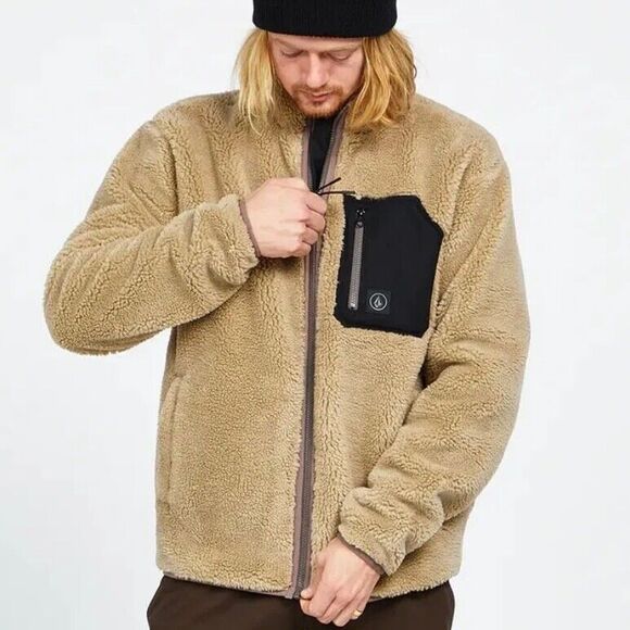 VOLCOM Mens Muzzer Fuzzar Fleece High Pile Zip-Up Jacket Size Medium Khaki Tan - Picture 3 of 8